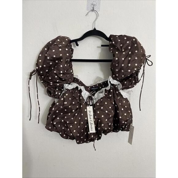 For Love & Lemons Chocolate polk a Dot Top  saatin lace trim size M NWT $179msrp - Picture 5 of 8